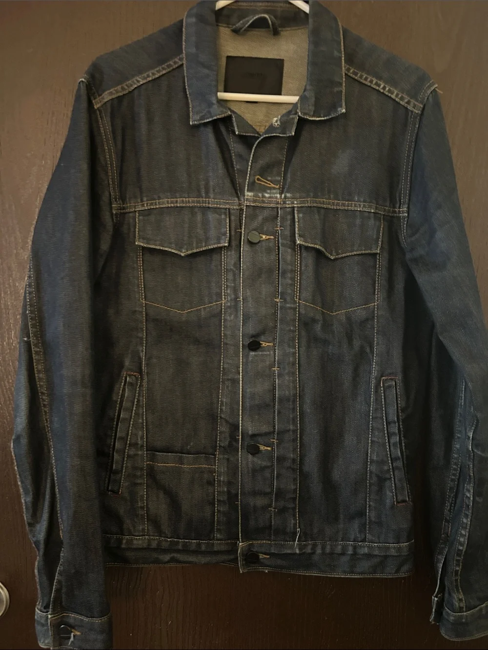Commune M Men's Raw Dark Denim Jacket  Button-Up 5 Pkts Contrast Stitching